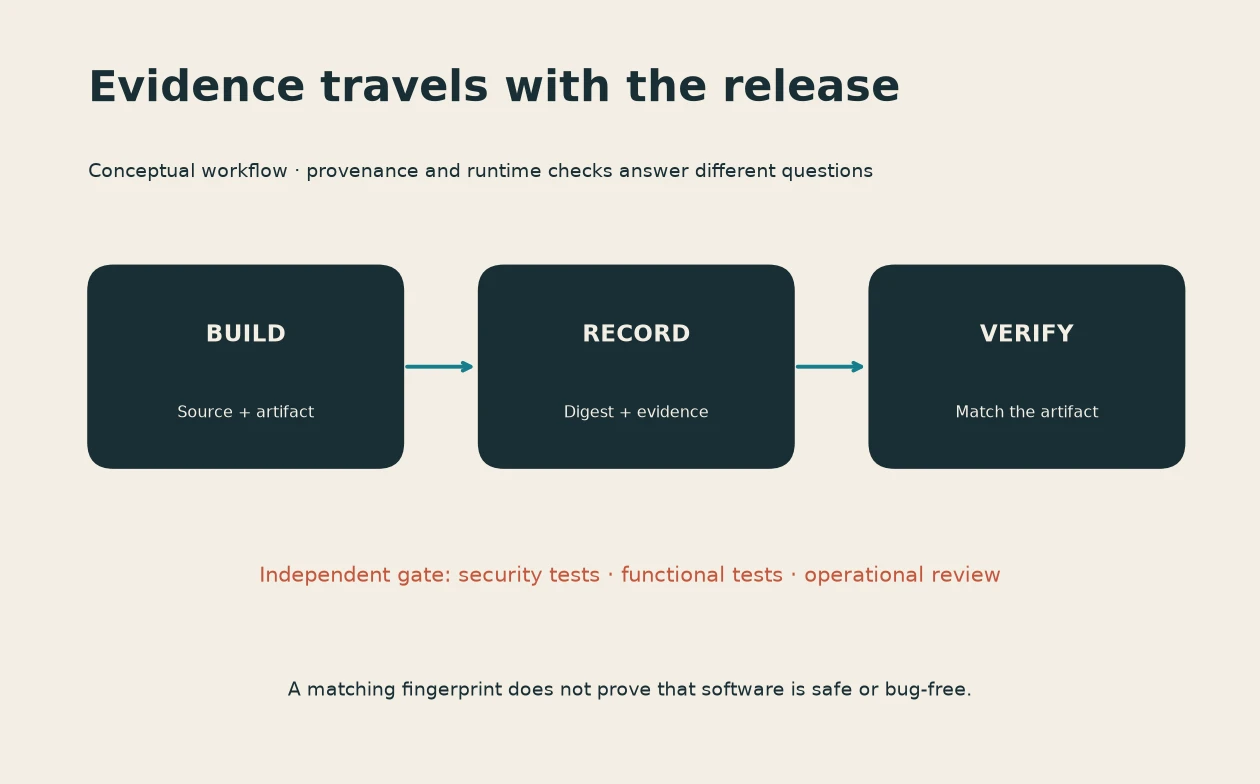 A build, record, verify workflow, with security and functional checks as independent gates.